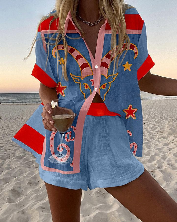 Jorelle™ | Conjunto de Lino Corto con Estampado de Cabra